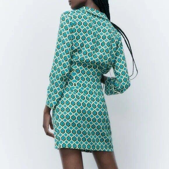 NWT Zara Geometric Collared Mini Party Dress Blue Green Print Size Small - Picture 2 of 16